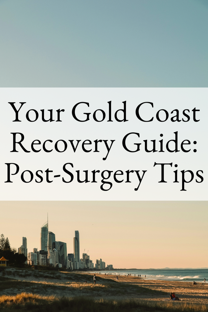 Recovery Tips GC Views across the beach towards the Gold Coast. Banner reads "Your Gold Coast Recovery Guide: Post-Surgery Tips".